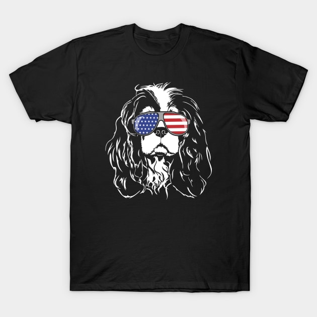 Proud Cavalier King Charles Spaniel American Flag sunglasses T-Shirt by wilsigns